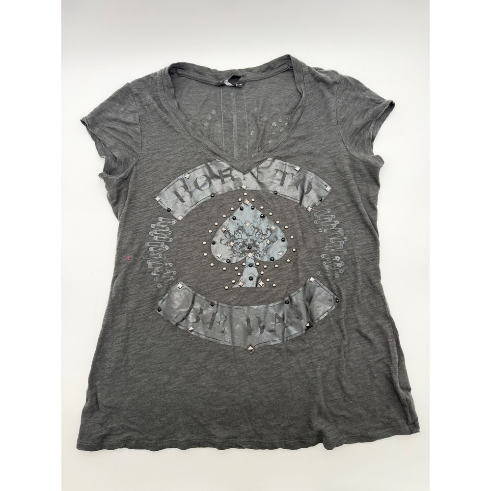 Rock & Republic Women's Gray Studded Ace of Spades V-Neck Large Born To Be Bad